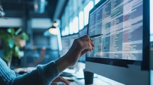 Person zeigt in einer schwach beleuchteten Büroumgebung auf einen Computerbildschirm, auf dem Codezeilen angezeigt werden.