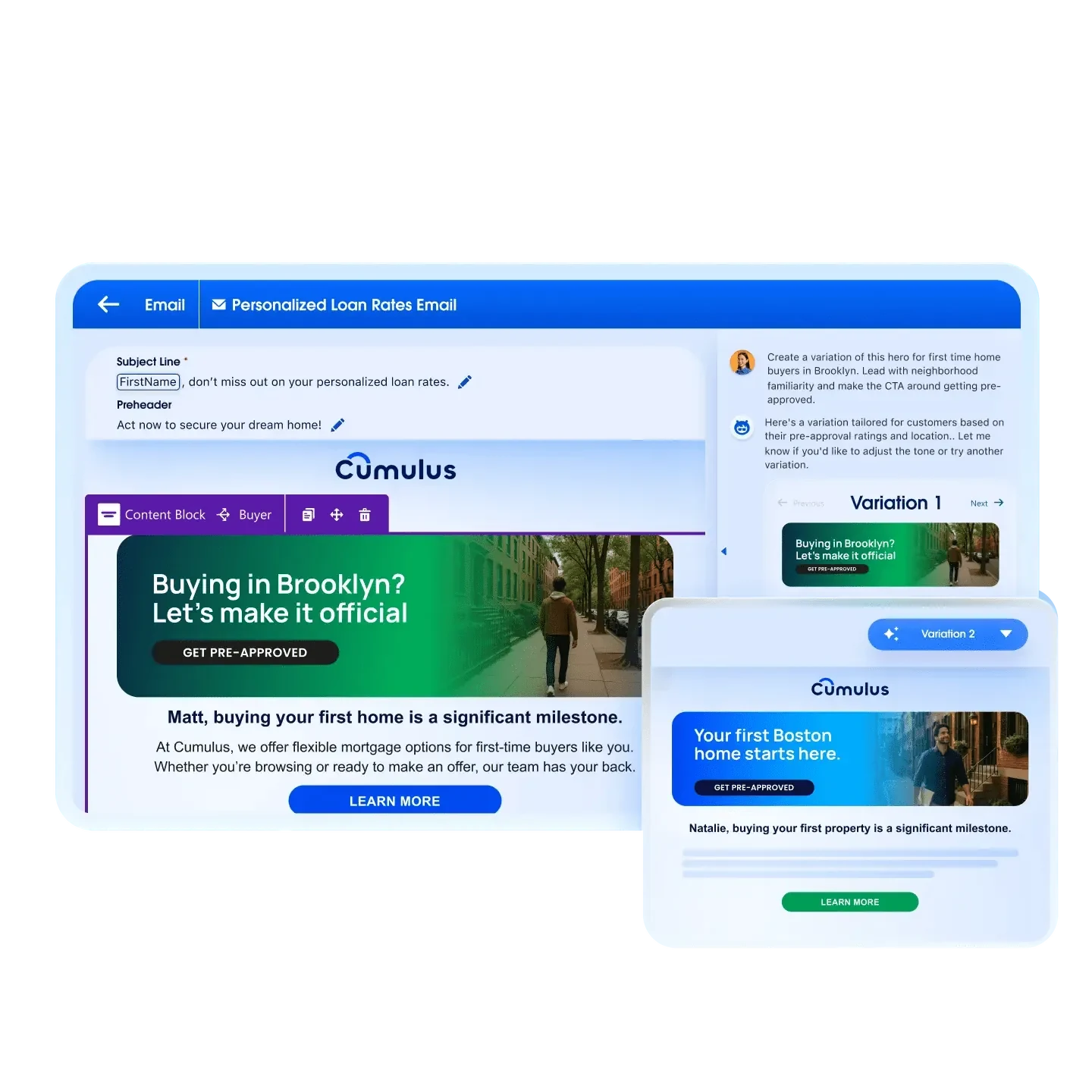 Marketing Cloud Next : e-mail et landing page personnalisés générés par l'IA pour une offre, adaptés à une seule cliente dans le respect de la marque (interface : Salesforce)