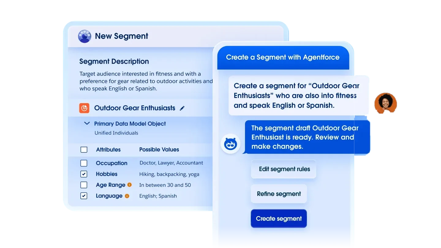 Marketing Cloud Next : Agentforce crée un segment à partir d'une description, sur la base des Unified Individuals (interface : Salesforce)
